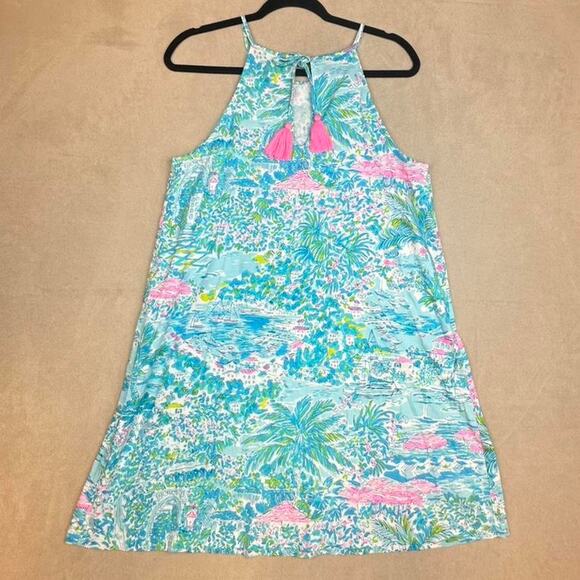 Lilly Pulitzer blue and pink sleeveless dress pink tassels size L sku 288-V09 - Picture 2 of 6